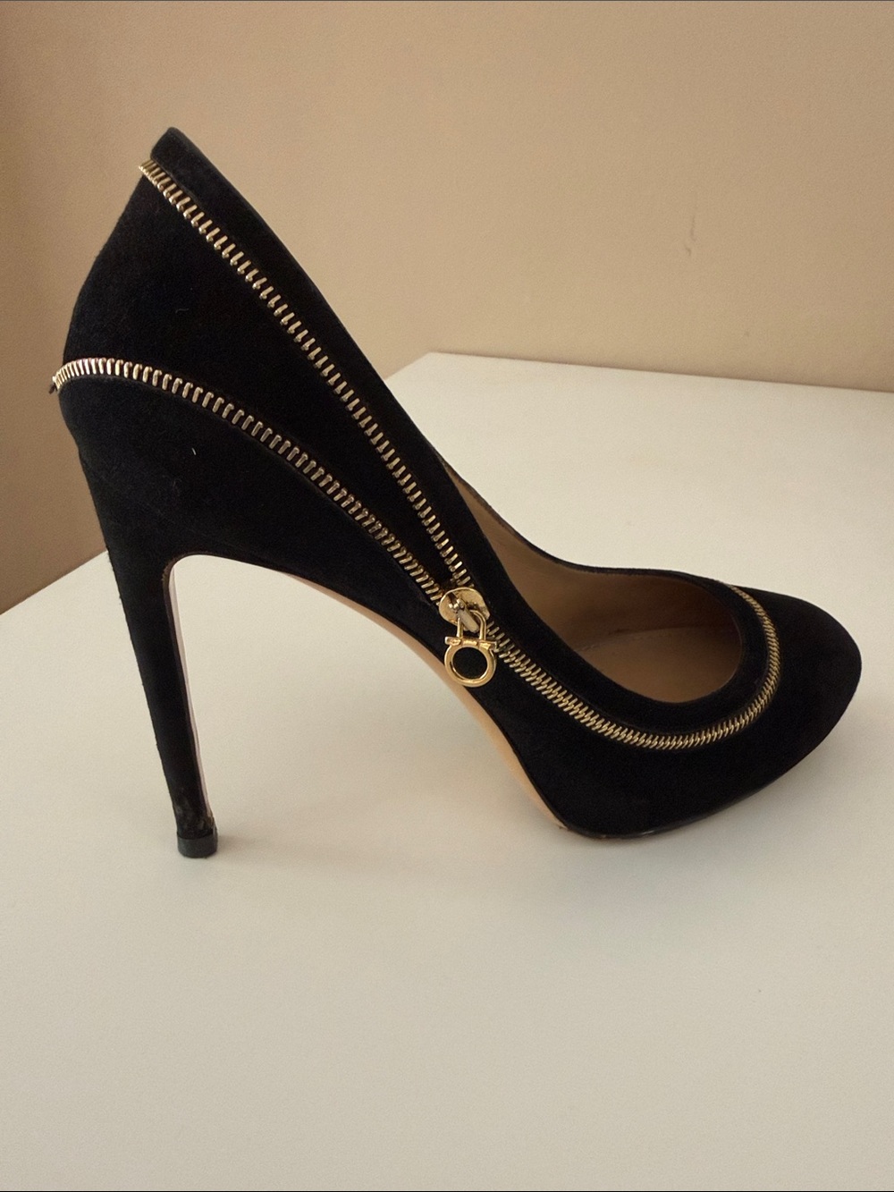 Salvatore Ferragamo Black Suede High Heel Pump with Gold Zipper Detail